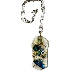 Handmade Dichroic Glass Pendant Halloween Theme Abstract Skull Gold Tone Metal